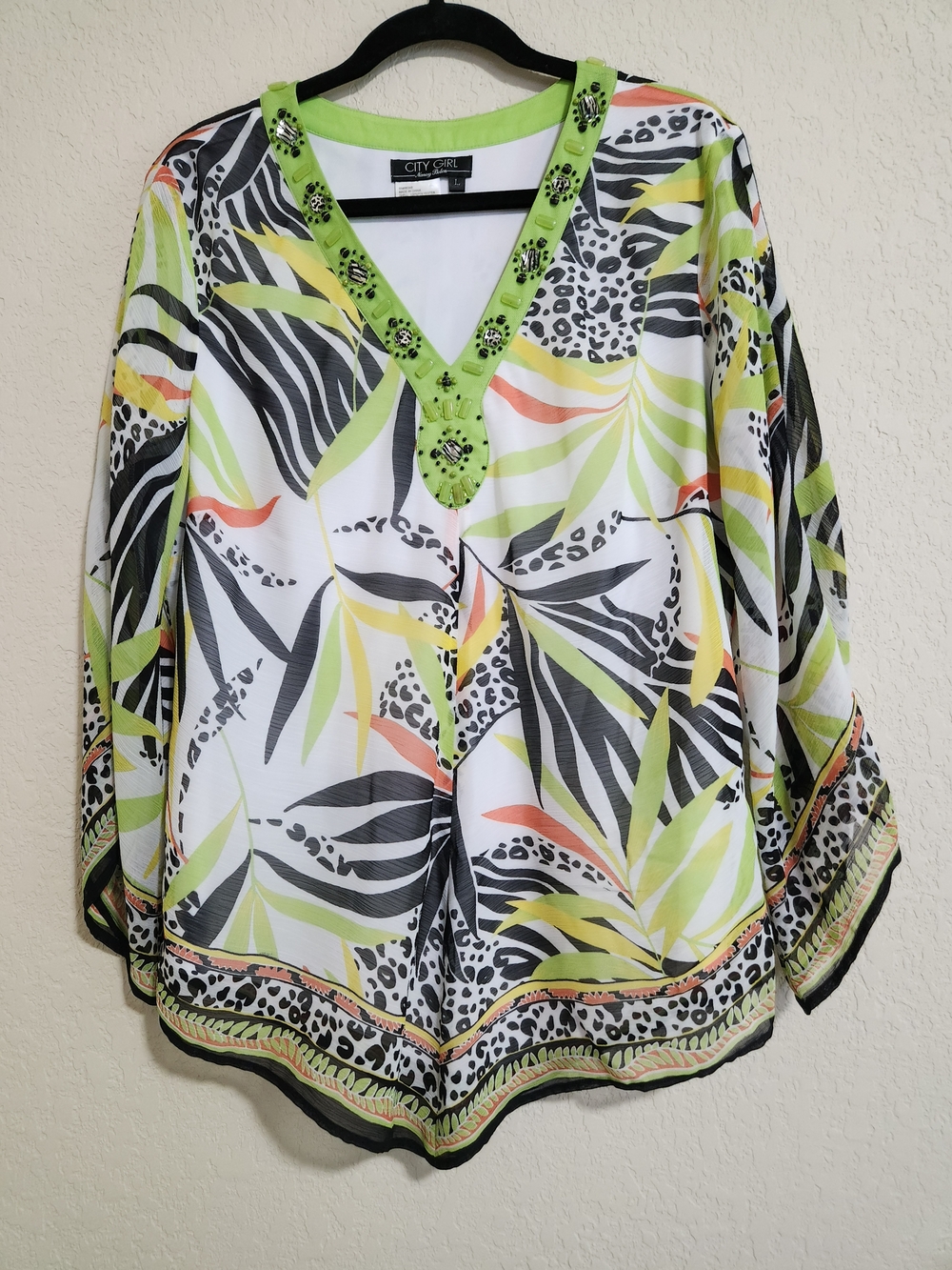 City Girl Tunic Green Tropical & Animal Prints Beach Vibe V-Neck Women's Top